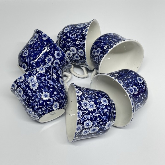 Vintage Crownford Staffordshire Blue Calico Lot Of 6 Teacups England Ironstone - Picture 2 of 9